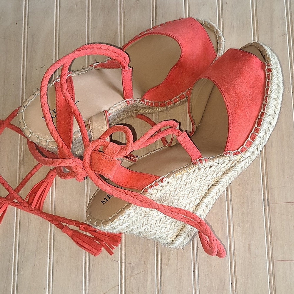 Merona Espadrills Wedges Heels Coral Straps Around Ankles Tassels Sandals